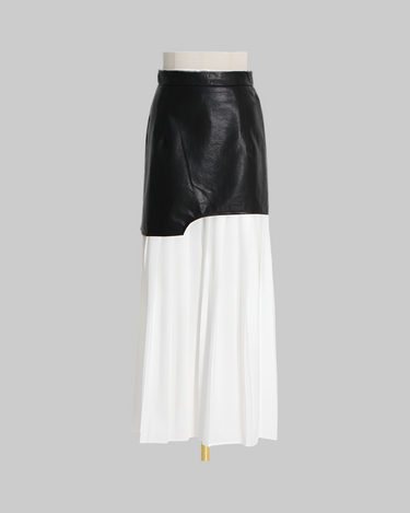 Mid Length Pleated Leather Skirt Spring High Waist Stitching Mesh Skirt Women